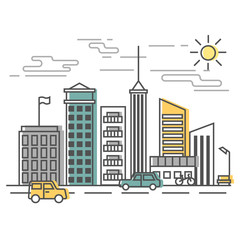 Urban Scene, city street with buildings and cars. Vector illustration in flat style on white background.