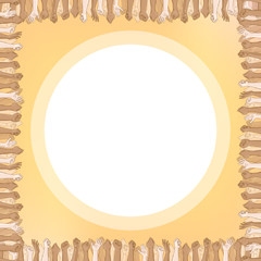 Multinational crowd of people with their hands up