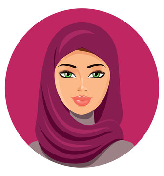 Arab muslim woman on white background in hijab vector flat icon avatar.