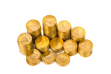 Columns of gold coins, piles of coins on white background