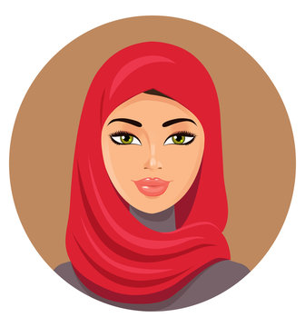 Arab muslim woman in red hijab vector Illustration