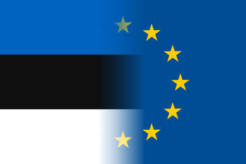 Estonia national flag with a flag of European Union twelve gold stars, solidarity and harmony with EU, member since 1 May 2004. Vector flat style illustration