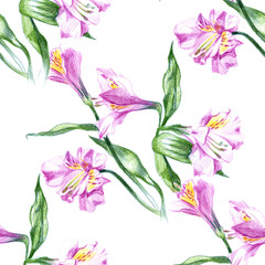 Panele Szklane  Bezszwowy wzór tła z akwarelowymi rysunkami i szkicami ołówka kwitnących różowych kwiatów