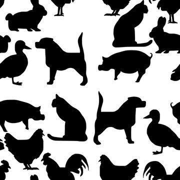 seamless pattern pets silhouette - vector illustration hand drawn with black lines, isolated on white background
