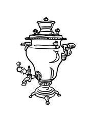Samovar russian tea, russian doll, russian folk vintage design logo. Isolated object illustration black on white background vector