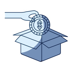 blue color silhouette shading of hand holding a coin with dollar symbol inside to deposit in cardboard box vector illustration