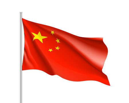 Waving flag of China Republic. Illustration of Asian country flag on flagpole. Vector 3d icon isolated on white background