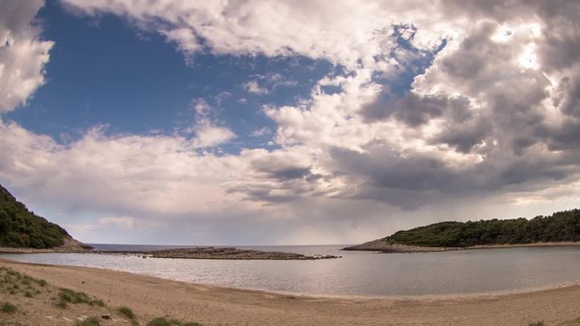 timelapse of a wooden shack on beautiful limoni beach in mljet island, croatia with stunning crystal clear water of the adriatic sea.