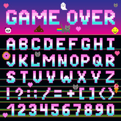 Pixel retro font computer game design 8-16 bit letters and numbers electronic futuristic vector abc typeface digital alphabet print