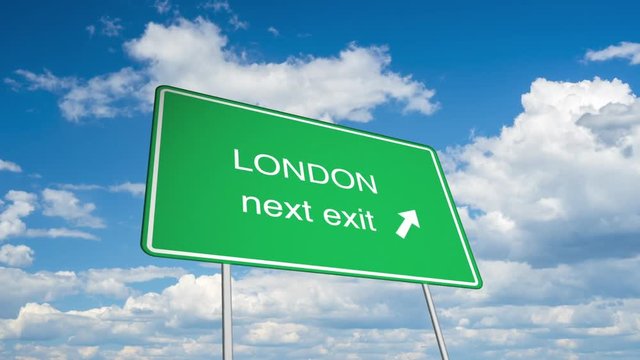 Animated road sign (London), with a time lapsed sky as backdrop. 