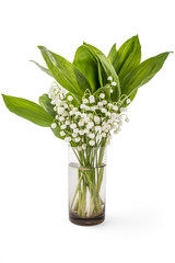 Beautiful bouquet of lilies of the valley flowers, Convallaria Majalis, with green leaves in glass on white background