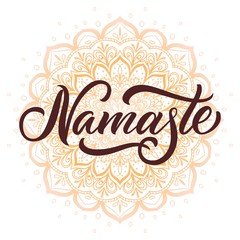 Namaste, indian greeting, hand drawn lettering on abstract doodle round ornament on white background, mandala boho design. Vector illustration. - obrazy, fototapety, plakaty