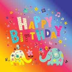 Happy birthday greeting card with cute elephants