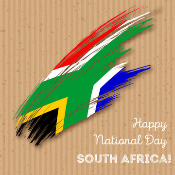 South Africa Independence Day Patriotic Design. Expressive Brush Stroke in National Flag Colors on kraft paper background. Happy Independence Day South Africa Vector Greeting Card.