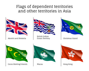 Set of waving flags of dependent territories in Asia: Akrotiri and Dhekelia, British Indian Ocean Territory, Christman and Keeling Islands, Macau, Hong Kong. Collection with 6 signs. Vector isolated