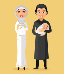 Muslim parents with a newborn baby happy flat cartoon vector illustration isolated on a white background