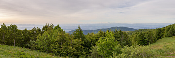 French countryside - Vosges. Sunrise in the Vosges with a view of the Rhine valley, the Black Forest (Germany) and the Alps in the background.