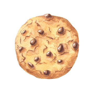 Hand drawn watercolor delicious cookie with chocolate drops, isolated on white background. Food illustration.