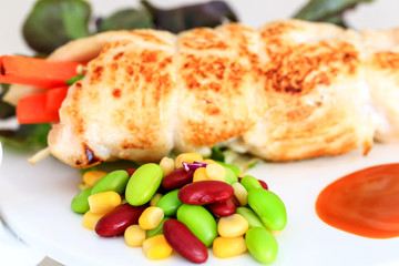 Chicken breast gill with nuts and fresh vegetable, clean food good for your heath.