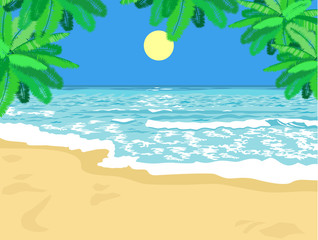 Fototapeta na wymiar Vector illustration of tropical beach, beautiful sea view with palms and waves.