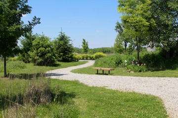 Fototapeta na wymiar The winding gravel path in the garden area of the park.