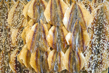 Sweet dried fish texture, closed up of sweet dried fish from fish market, top view. (pla kaew waan in Thai)