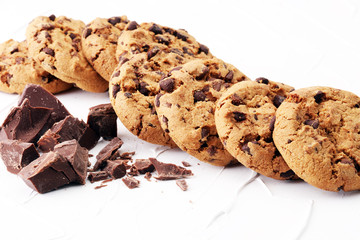 Chocolate cookies on white background. Chocolate chip cookies shot