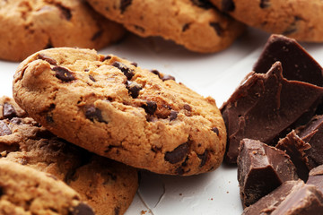 Chocolate cookies on white background. Chocolate chip cookies shot