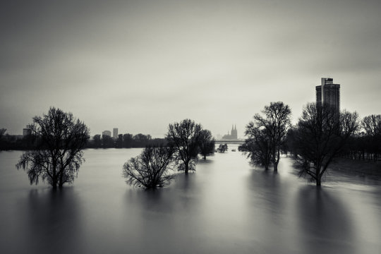 Hochwasser am Rhein in K&ouml;ln mit Dom