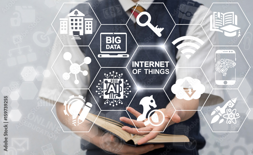 Poster internet of things integration innovative information technologies in education and training. man of
