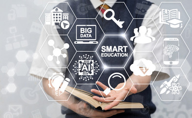 Smart Education AI Big Data Cloud Computing Concept. Student offers smart education icon on virtual screen. Intellectual e-learning technology.