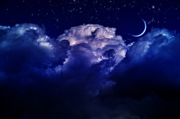 Naklejka na ściany i meble Night sky with clouds and moon. Universe filled with stars, nebula and galaxy