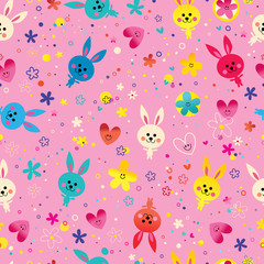cute baby bunnies hearts and flowers seamless pattern
