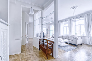 Naklejka na ściany i meble Modern interior room and white spacious apartment.