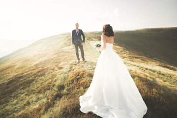 Wedding couple posing on sunset at wedding day. Bride and groom in love