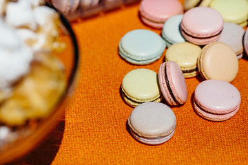 Dessert table at kids birthday party. Cake, candies, marshmallows, cakepops and other sweets