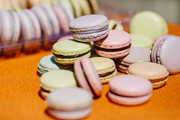 Dessert table at kids birthday party. Cake, candies, marshmallows, cakepops and other sweets
