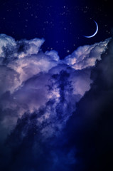 Night sky with clouds and moon. Universe filled with stars, nebula and galaxy