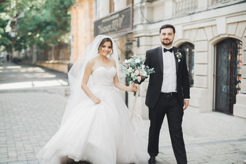 Luxury married wedding couple, bride and groom posing in old city