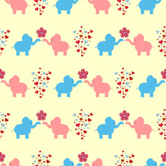 The ornament of a loving couple of elephants, flowers and hearts. Seamless pattern for kids.
