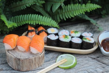 Mixed roll sushi set is delicious, Japanese food.