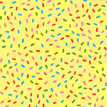 Abstract сolor donut glaze with sprinkles. Seamless pattern. Flat.