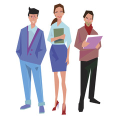 Three office workers, employees, managers. Two men and a woman. Business people in casual clothes. Isolated on white. Business Icons. Business design. Vector illustration.