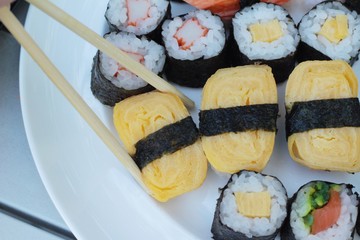 Mixed roll sushi set is delicious, Japanese food.