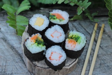 Mixed roll sushi set is delicious, Japanese food.