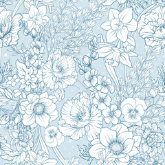 Seamless pattern with poppy flowers, daffodils, anemones, violets in botanical vintage style. On blue background . Stock line vector illustration.