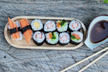 Mixed roll sushi set is delicious, Japanese food.