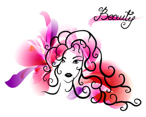 Vector illustration of woman beauty salon design. Beautiful fashion women with abstract hair. Design for invitation, birthday and greeting cards, salons, beauty and fashion industry.