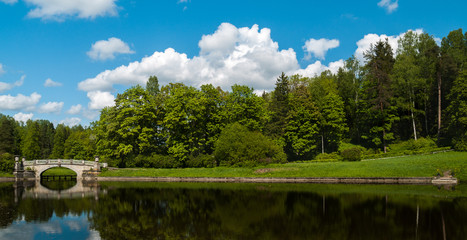 Fototapeta na wymiar Lake with a stone bridge in the city park