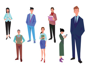 Fototapeta premium Office workers, employees, managers and team leader. Business people in casual and office clothes . Isolated on white. Business Icons. Business design. Vector illustration.